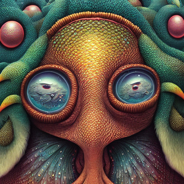 Colorful, intricate whimsical creature with large expressive eyes and vibrant hues.