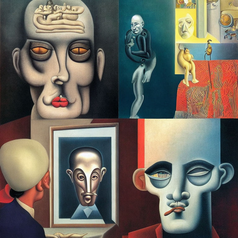 Surrealist quadriptych paintings of distorted human figures and indoor scenes