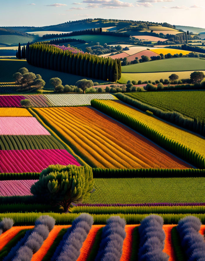 Colorful Agricultural Fields with Varying Crops and Patterns under Partly Cloudy Sky