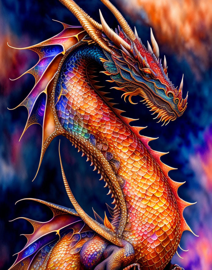 Detailed majestic dragon with vibrant orange scales and intricate blue/purple wings on abstract background