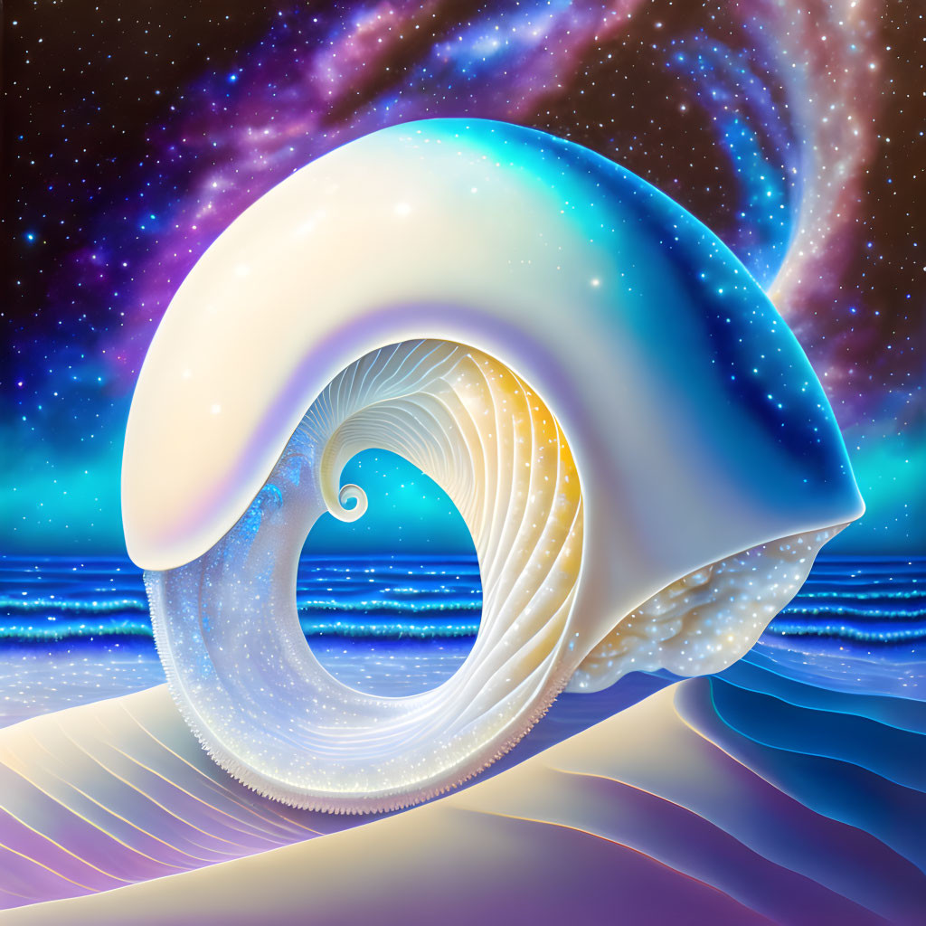 Surreal glowing nautilus shell on sandy landscape with cosmic swirl