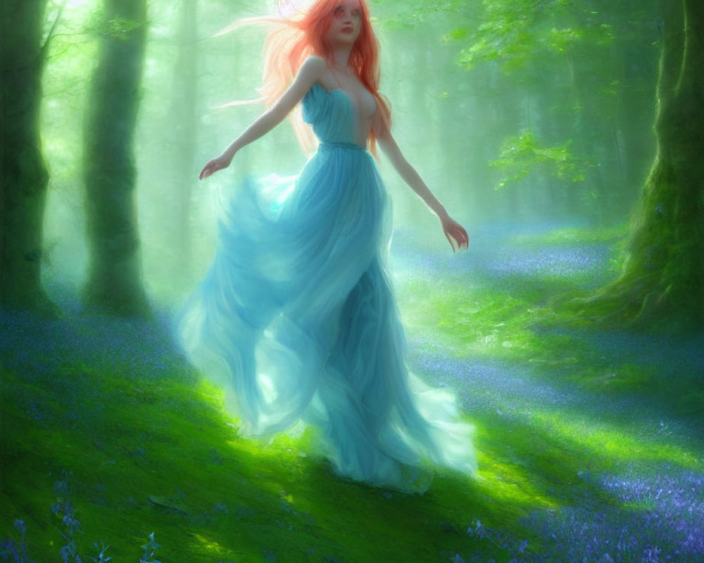 Woman in Blue Gown with Red Hair in Enchanted Forest