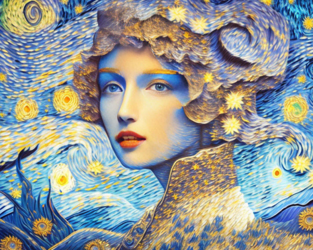 Woman's face merges with swirling blue and yellow stars in Van Gogh's "Starry Night