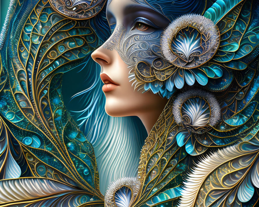 Digital artwork featuring woman with ornate blue and gold feathers and patterns reminiscent of a peacock.