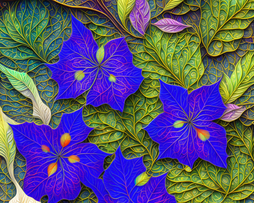 Detailed Blue and Purple Floral Digital Art with Leafy Patterns