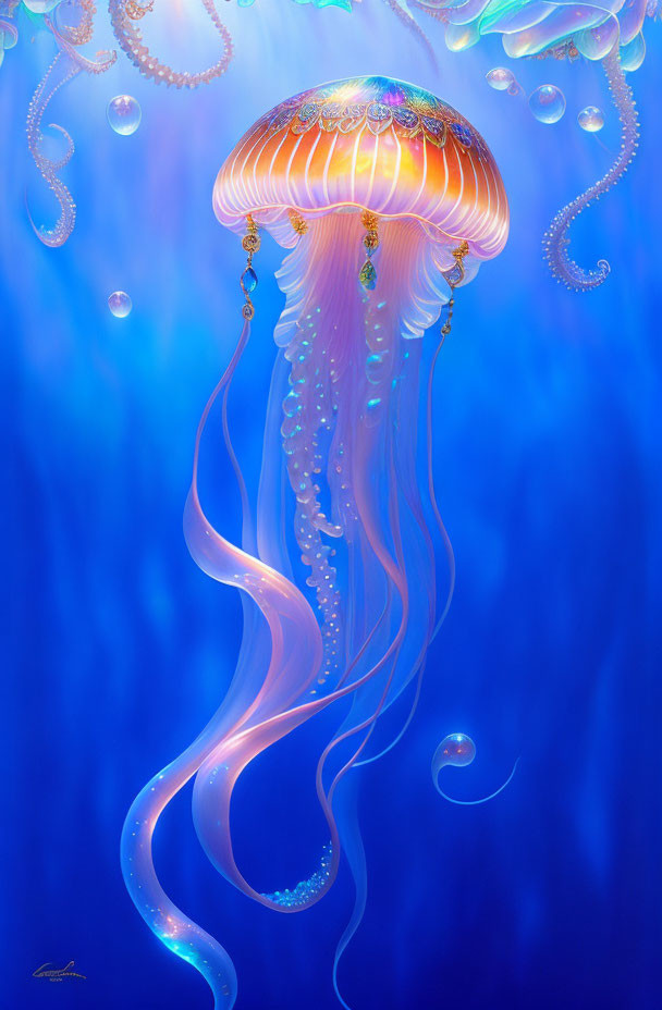 Colorful Jellyfish Illustration with Flowing Tentacles in Blue Water