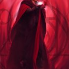Figure in Red Cape with Glowing Orb and Horned Headpiece surrounded by Red Energy