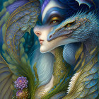 Digital artwork featuring woman with ornate blue and gold feathers and patterns reminiscent of a peacock.
