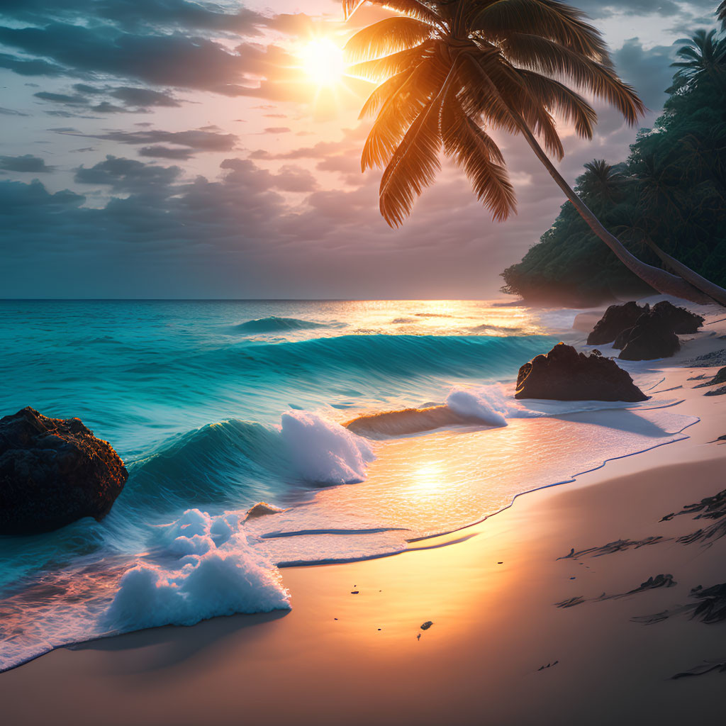 Tropical Beach Sunset with Palm Trees and Rocks by the Shore