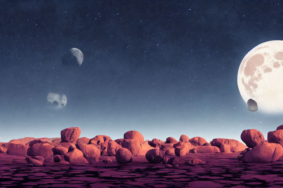 Surreal cracked ground with red boulders under purple sky