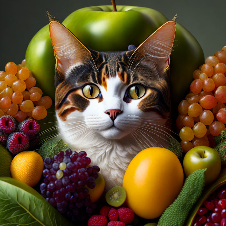 Colorful Fruits Surround Large Cat's Face