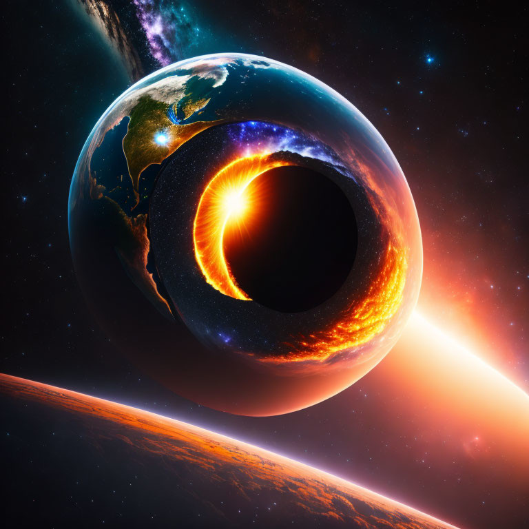 Surreal Earth depiction with exposed fiery core in space
