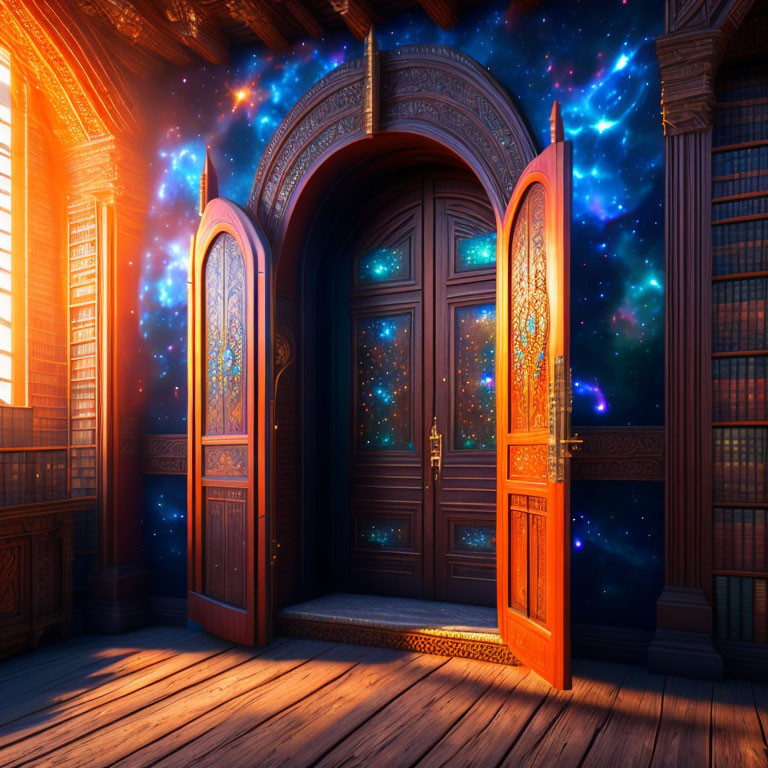 Mystical doorway with cosmic stars and wood-paneled room