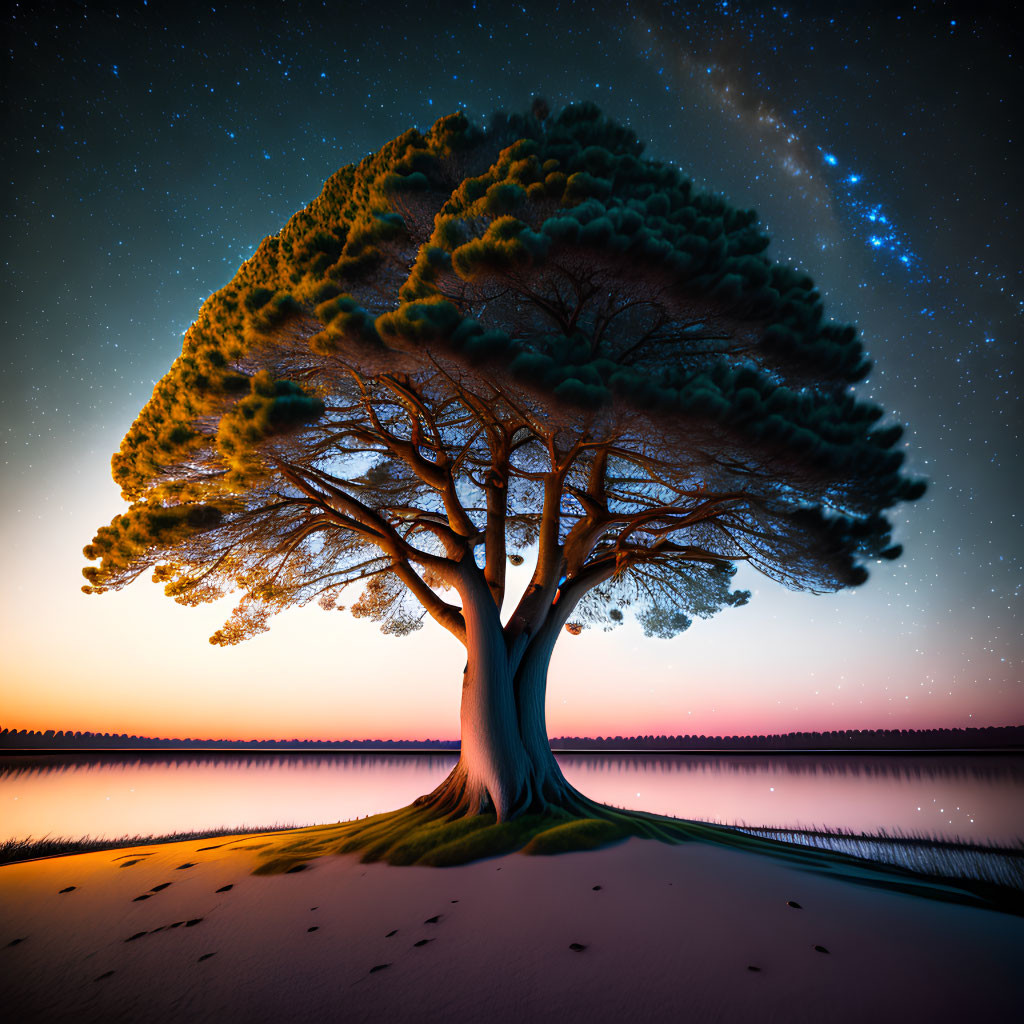 Solitary tree with wide canopy on sandy shore under twilight sky