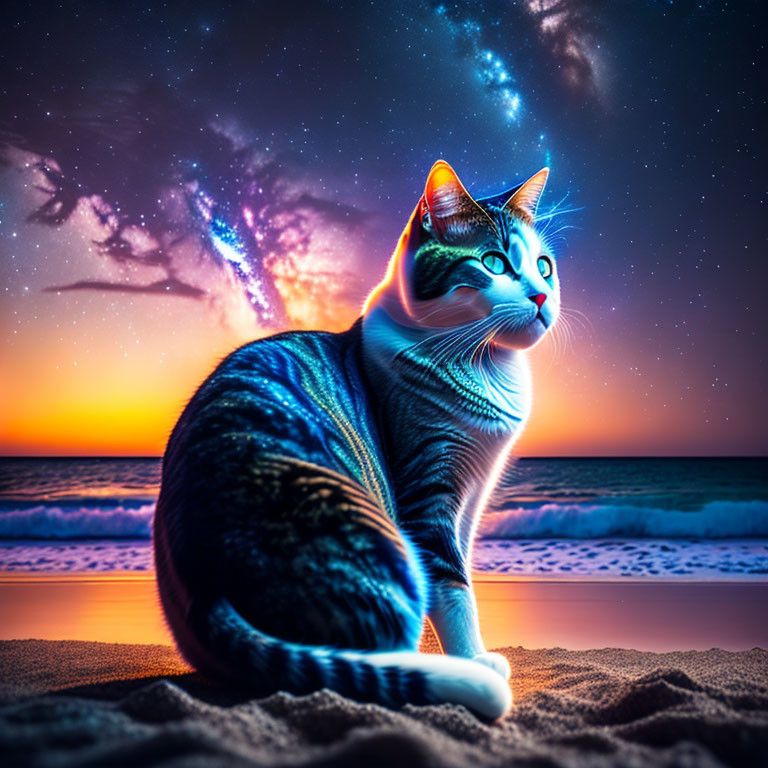 Cat on Beach at Sunset with Starry Sky