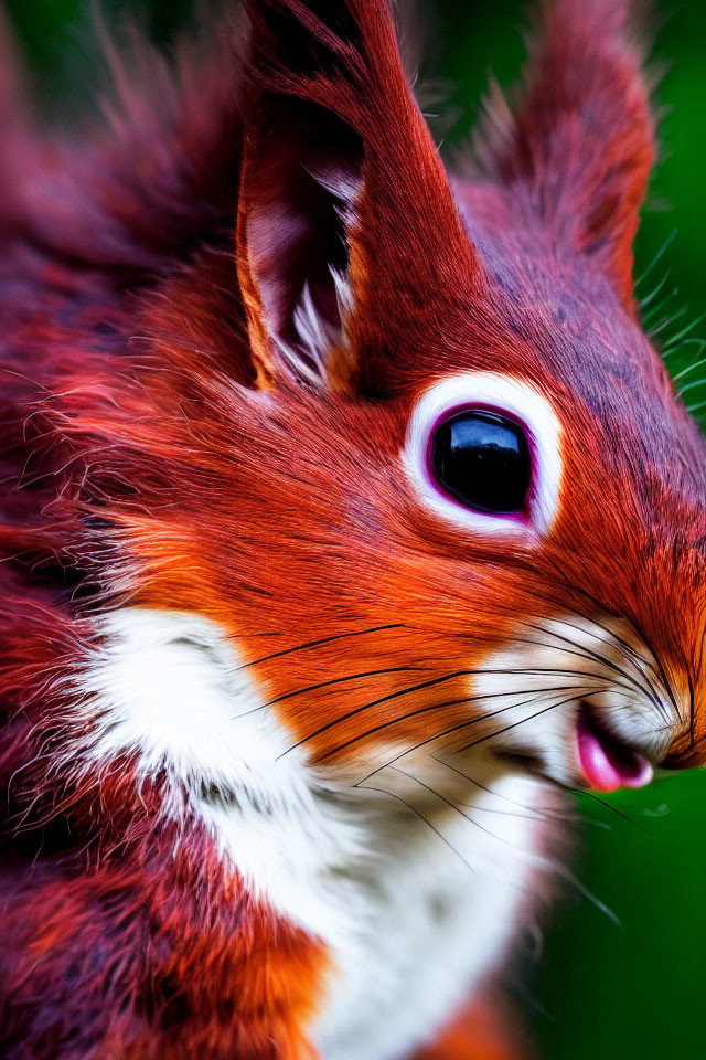 Vibrant red squirrel with bright eyes on green backdrop