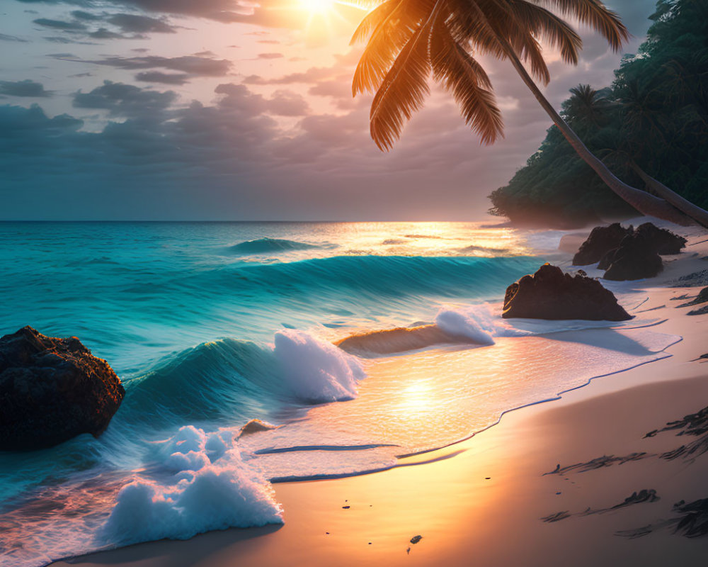 Tropical Beach Sunset with Palm Trees and Rocks by the Shore