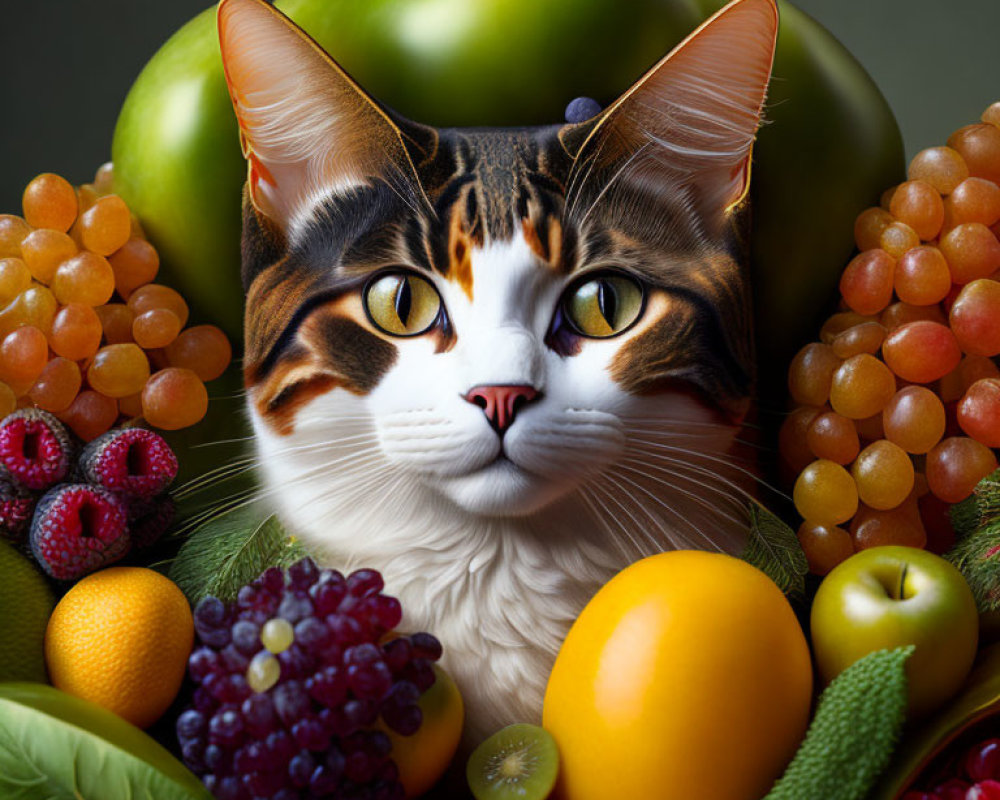 Colorful Fruits Surround Large Cat's Face