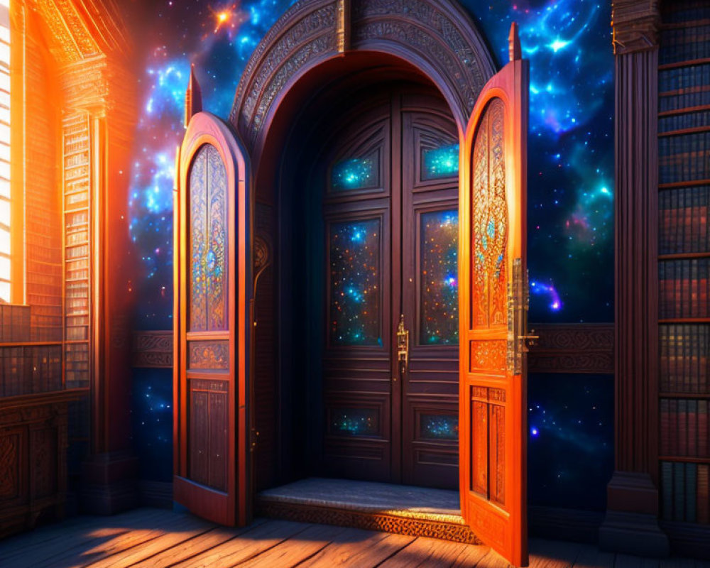 Mystical doorway with cosmic stars and wood-paneled room