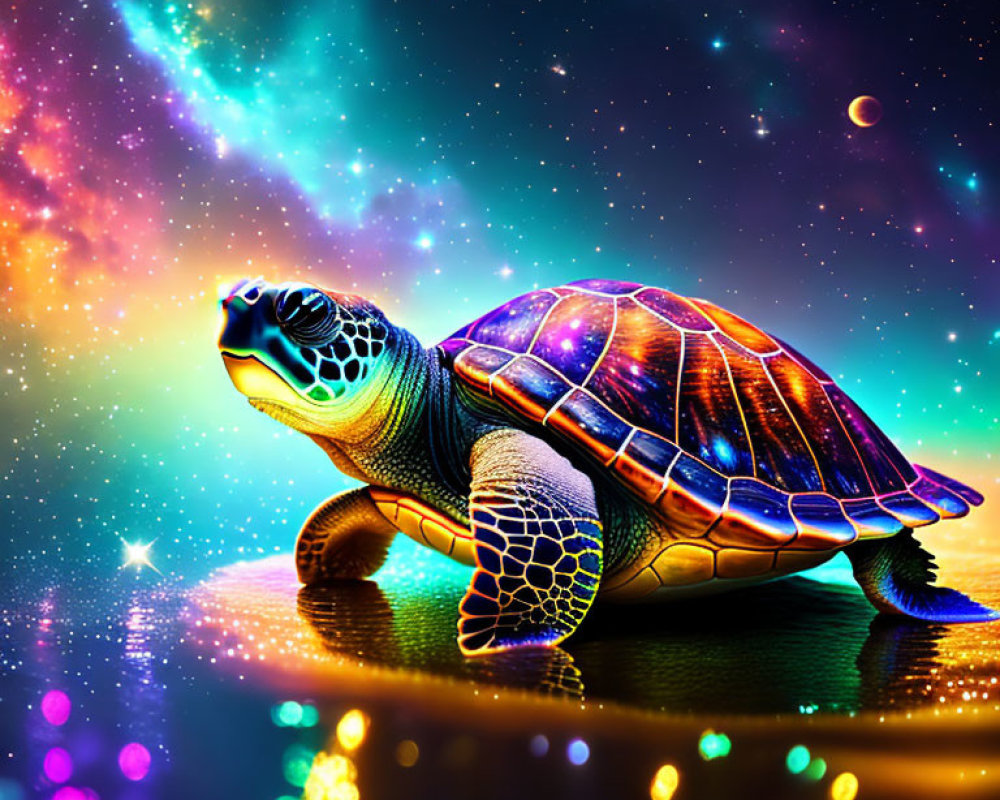 Colorful Sea Turtle Swimming Under Cosmic Sky with Starry Galaxy Shell
