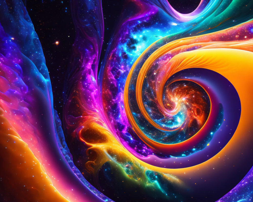 Colorful digital art with swirling orange, purple, and blue hues depicting a cosmic nebula.