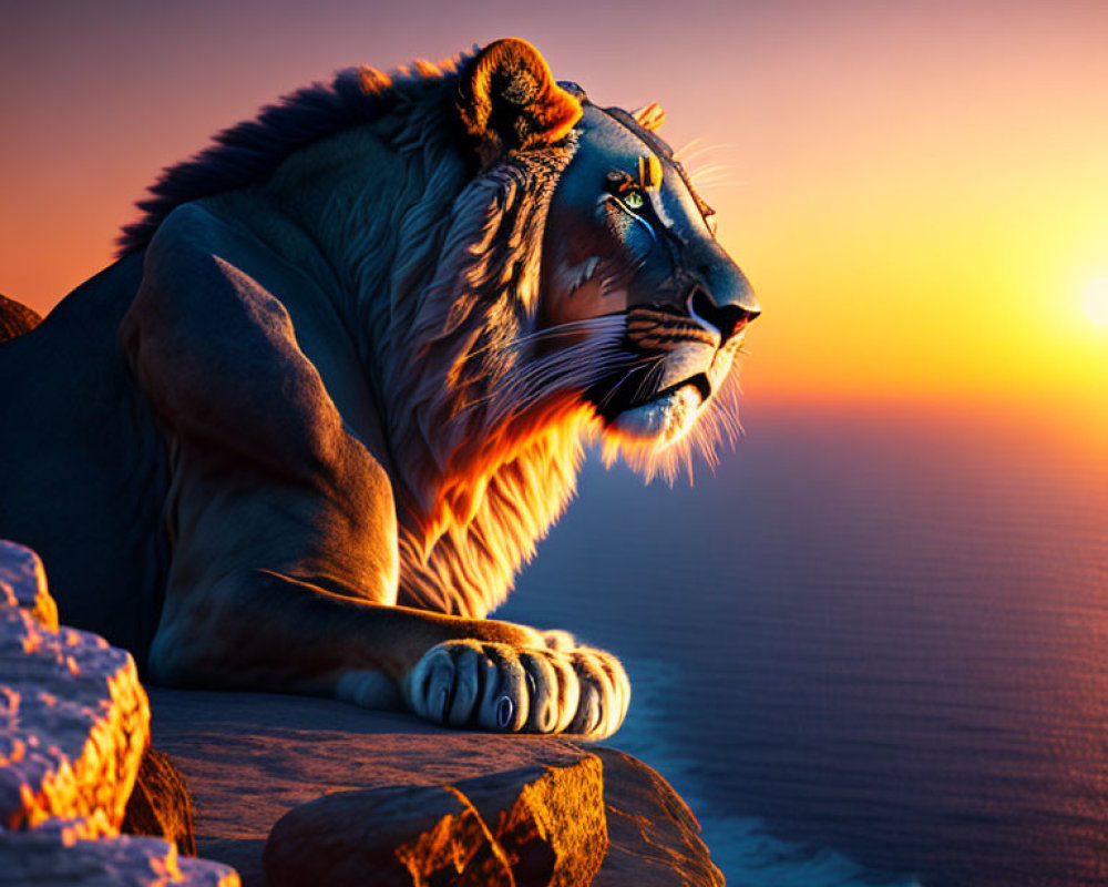 Majestic lion resting on cliff edge at sunset