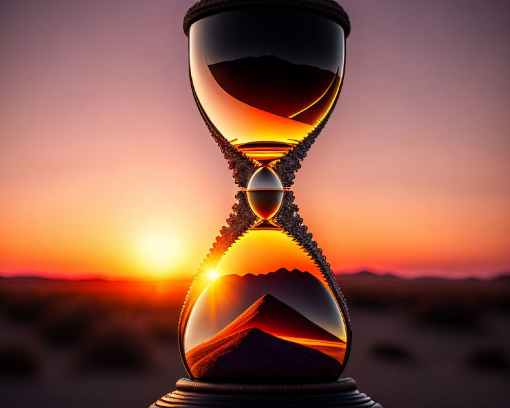 Hourglass in desert sunset with sun aligned at lower bulb.