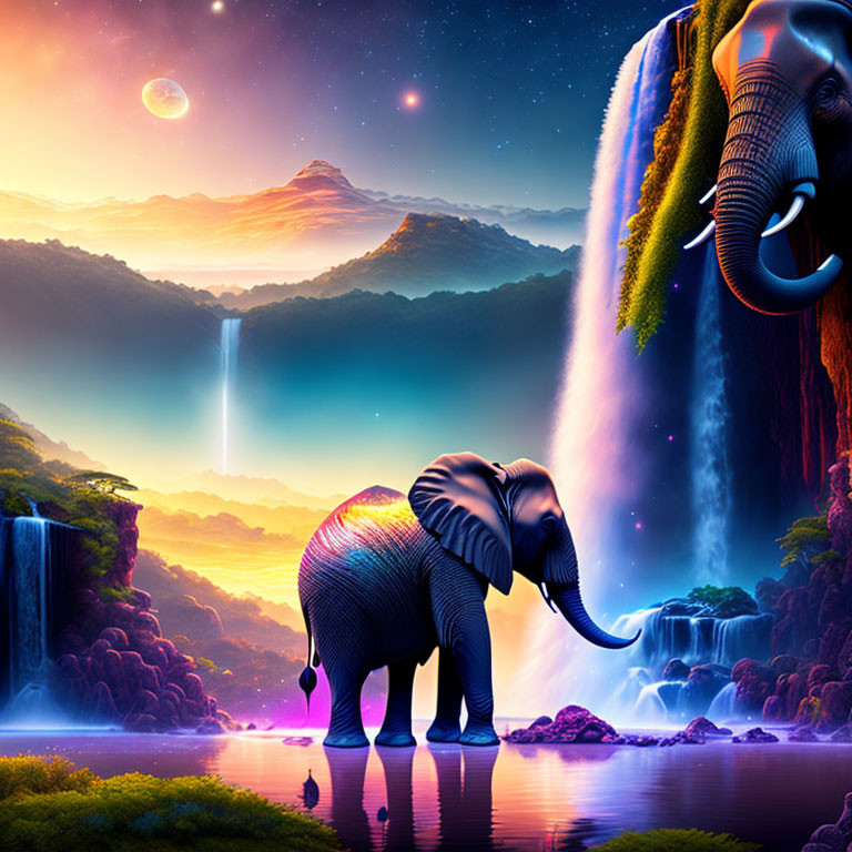 Elephant in vibrant fantasy landscape with waterfalls