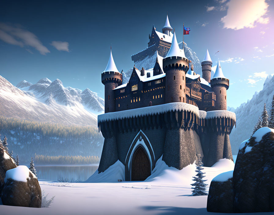 Majestic castle with spires and towers in winter scenery