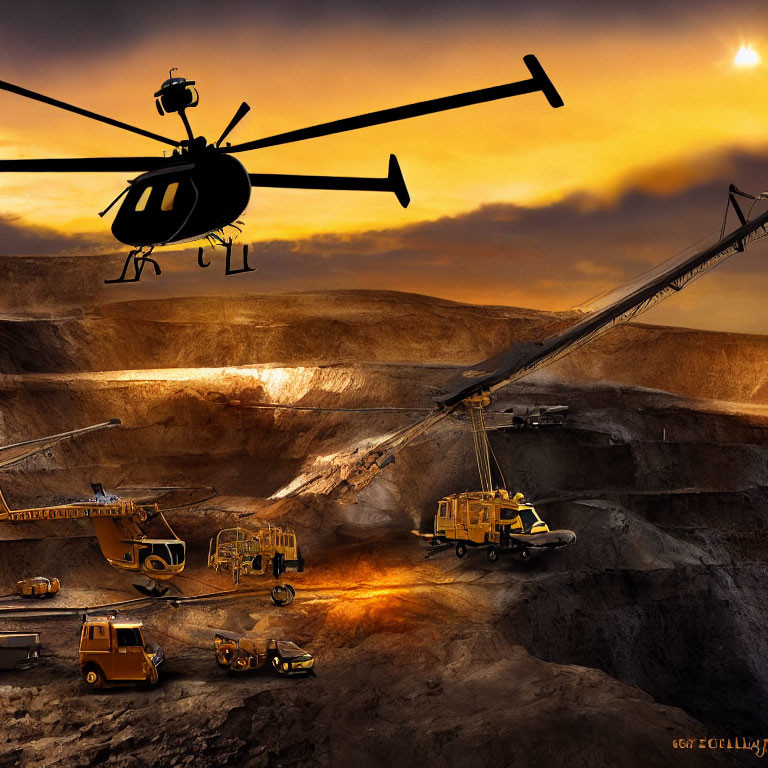 Helicopter flying over industrial mining site at sunset