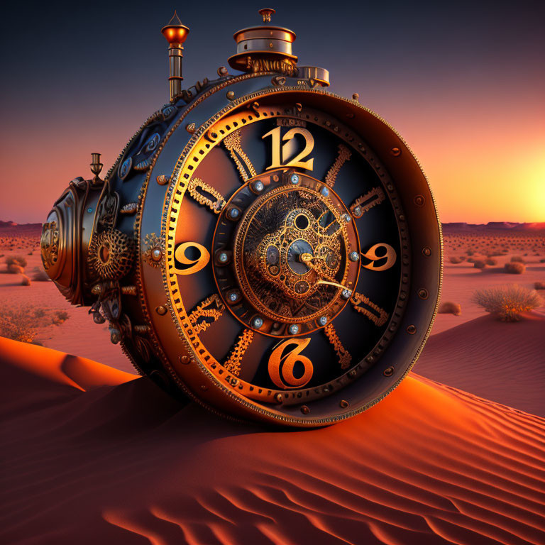 Intricate mechanical clock on sand dunes at sunset