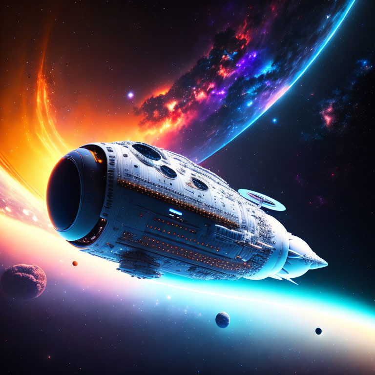 Colorful Nebulas and Celestial Bodies in Futuristic Spaceship Scene