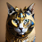 Domestic cat wearing golden Egyptian Pharaoh accessories