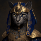Anthropomorphic cat in golden armor with blue fabric and eyes