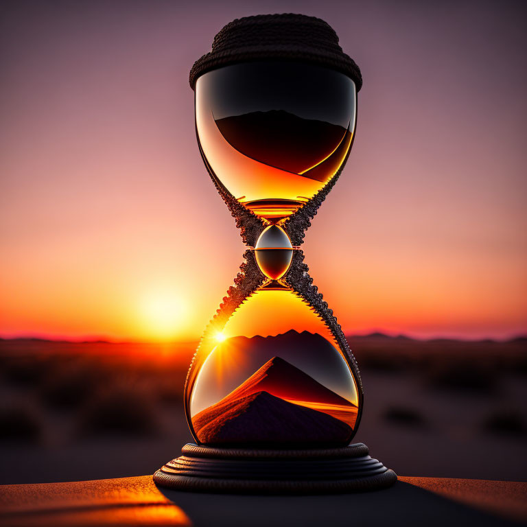 Hourglass in desert sunset with sun aligned at lower bulb.