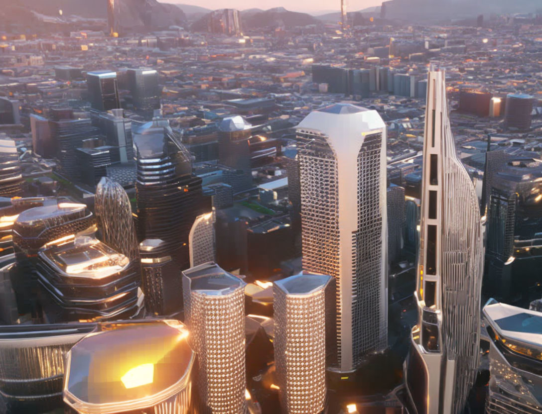 Densely packed skyscrapers in a futuristic twilight cityscape