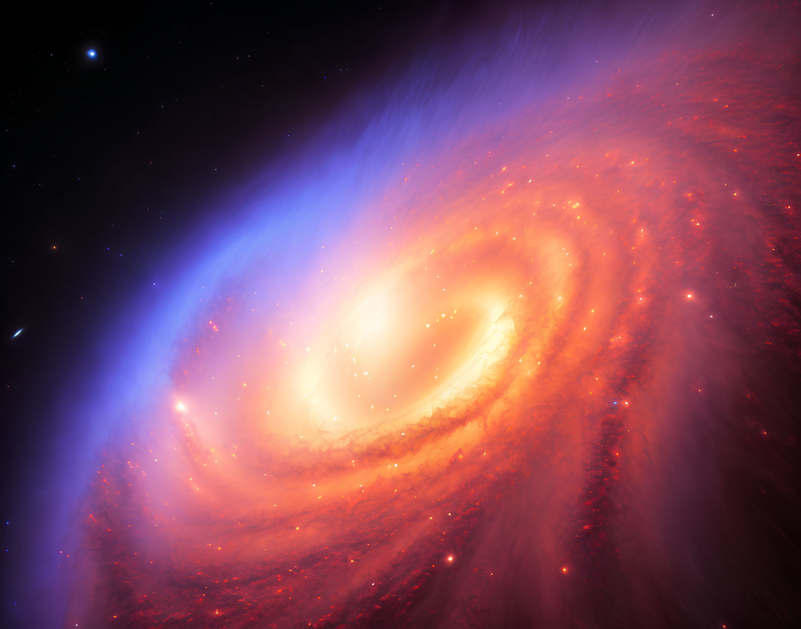 Colorful Spiral Galaxy with Red and Blue Swirling Arms in Dark Space