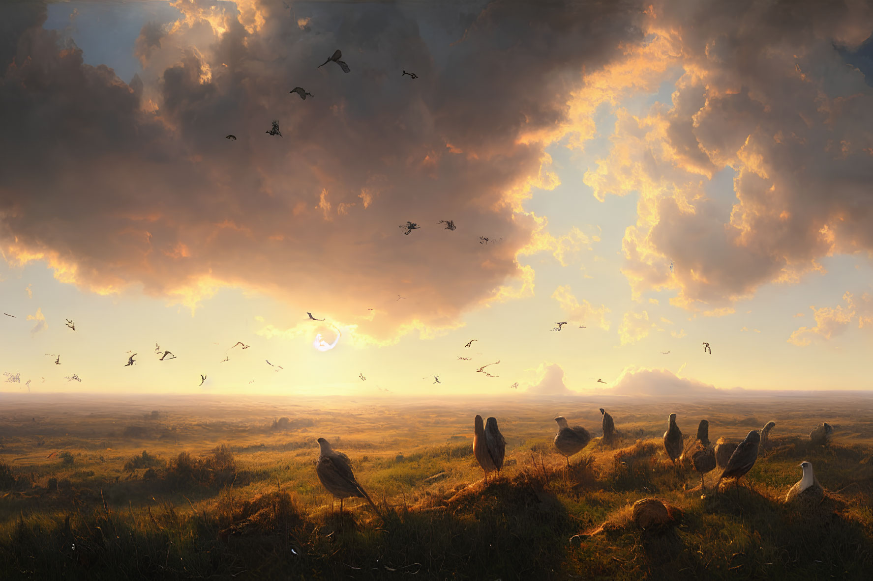 Tranquil sunset with golden hues over serene landscape and flying flock