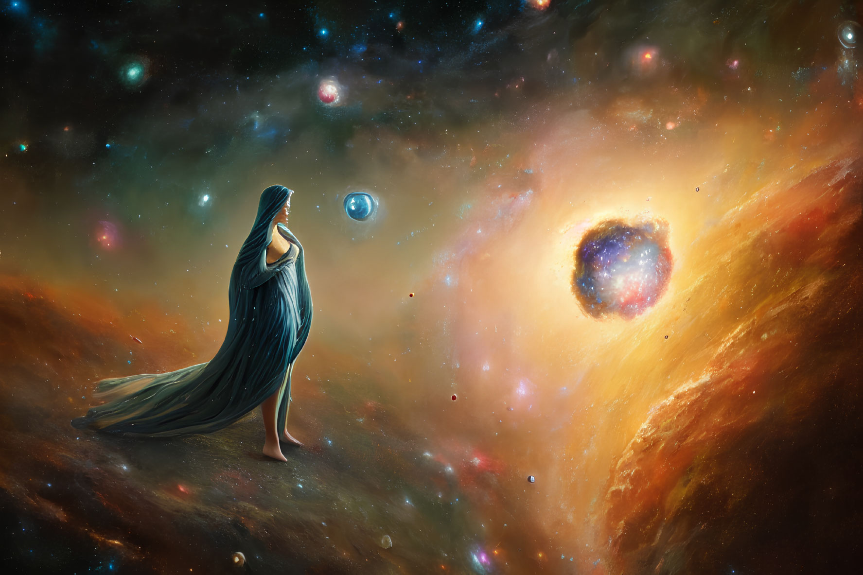 Woman in Flowing Dress Contemplating Galaxy Under Cosmic Lights