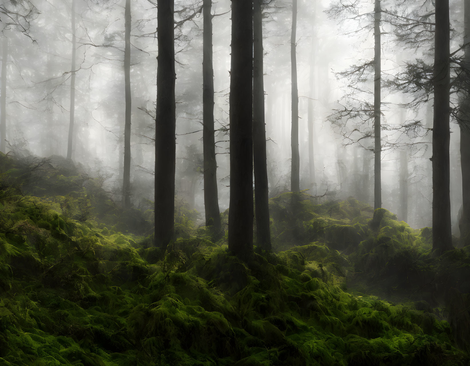 Misty forest with tall trees and lush green moss carpet