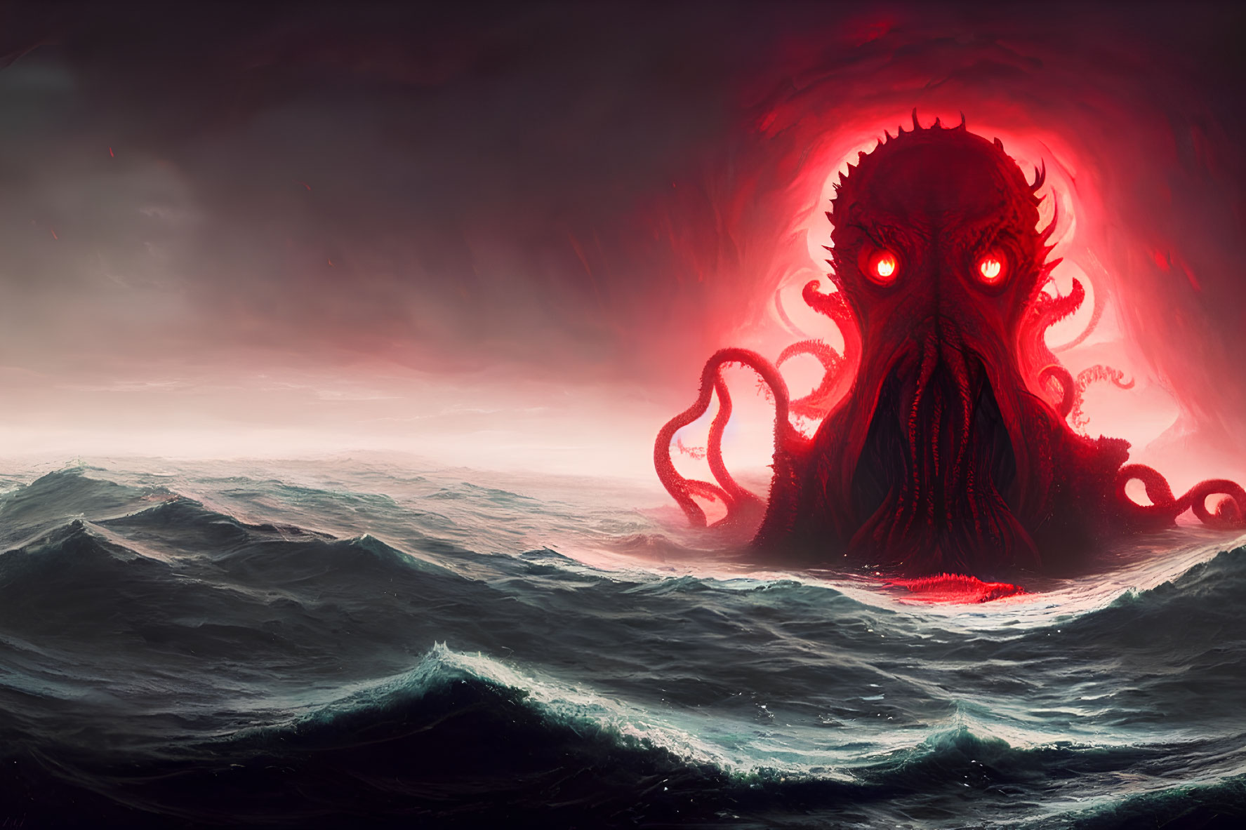 Giant Red-Eyed Sea Creature Emerges from Stormy Ocean