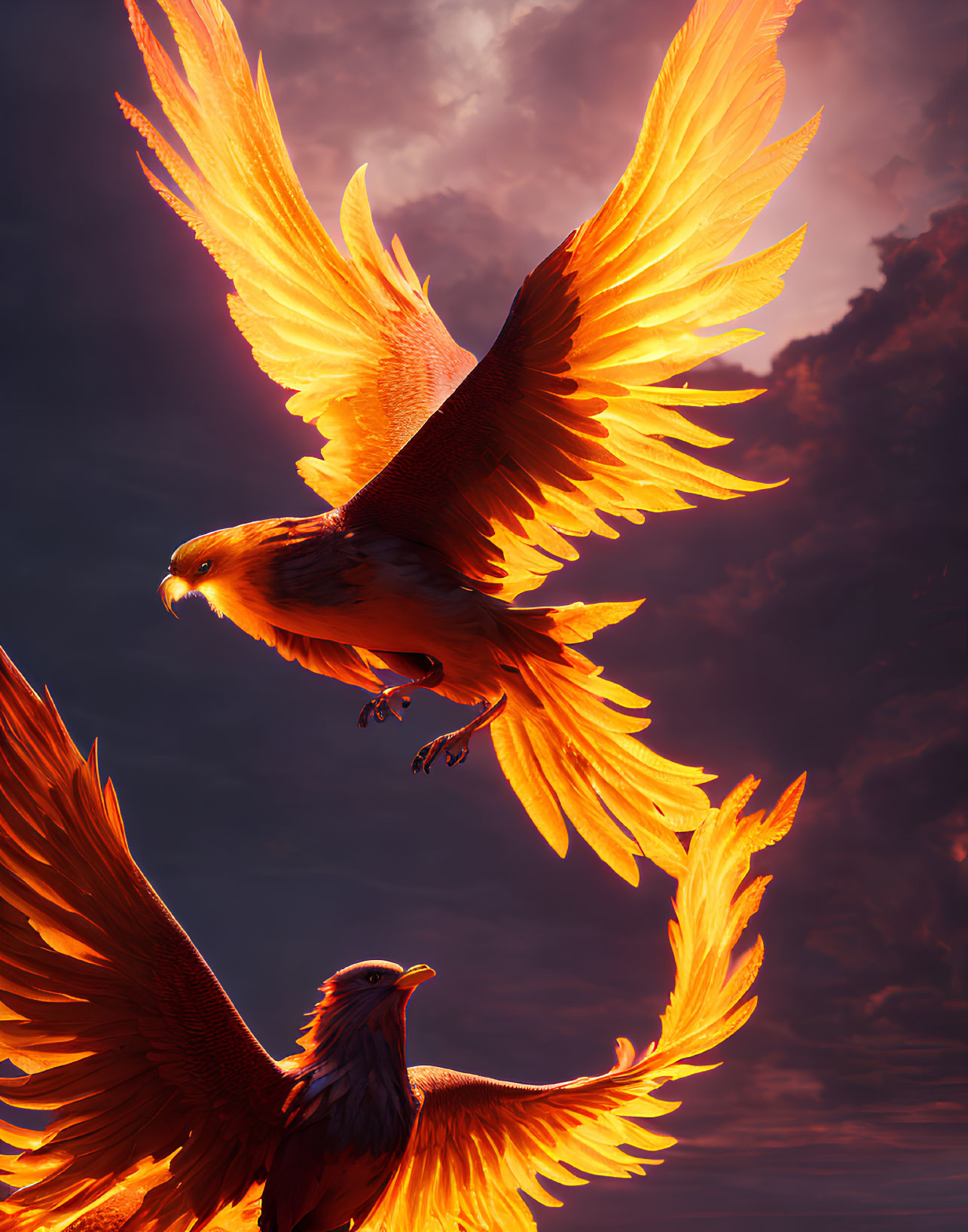 Majestic fiery phoenixes against dramatic reddish sky
