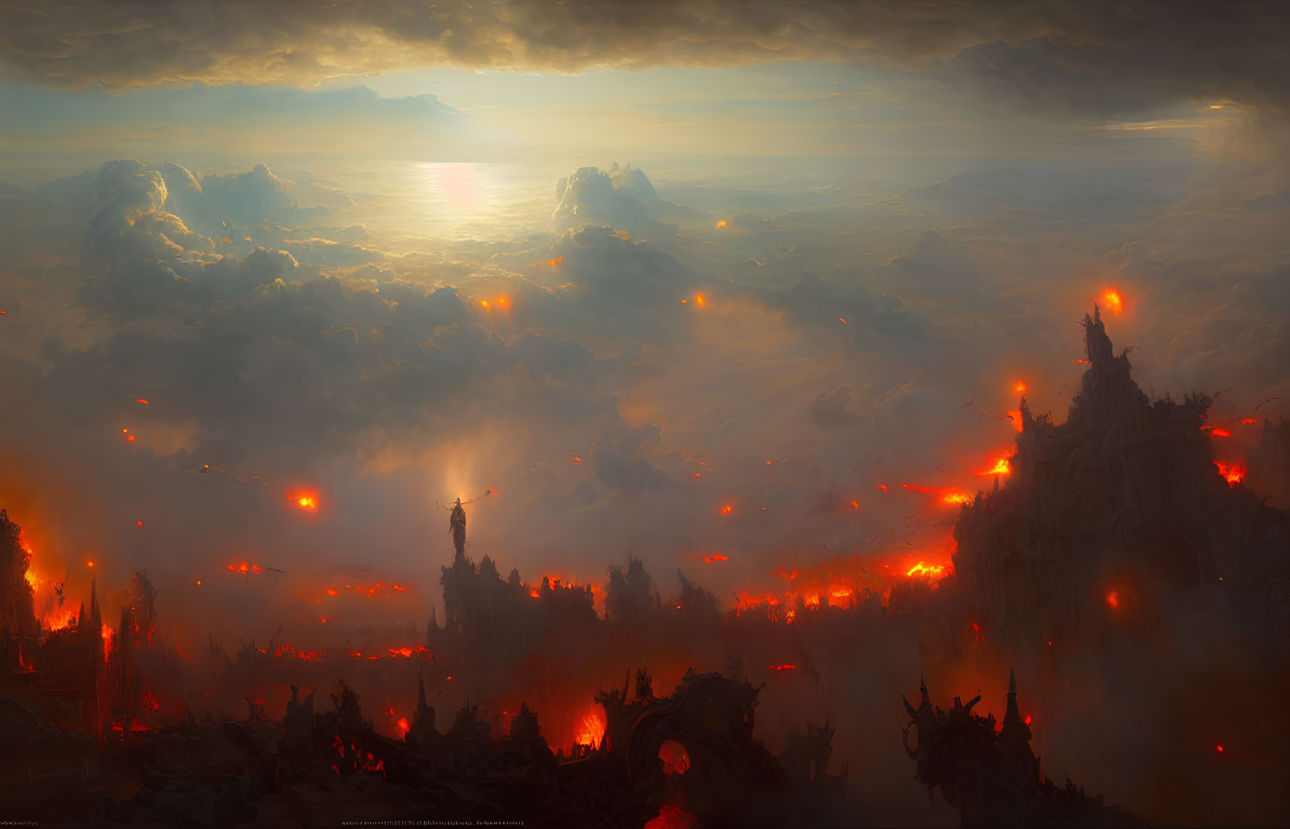 Fiery landscape with flowing lava amidst ruins at sunset