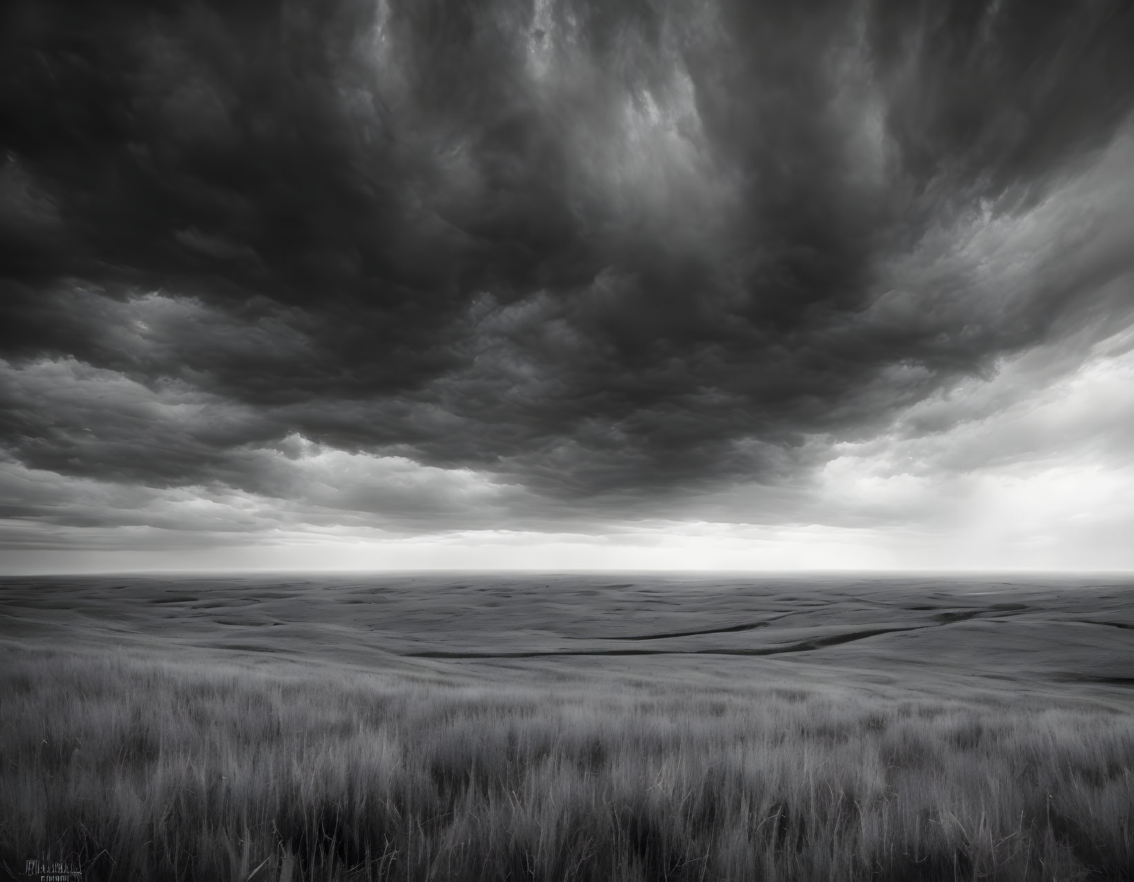Monochrome landscape: vast grasslands under stormy sky