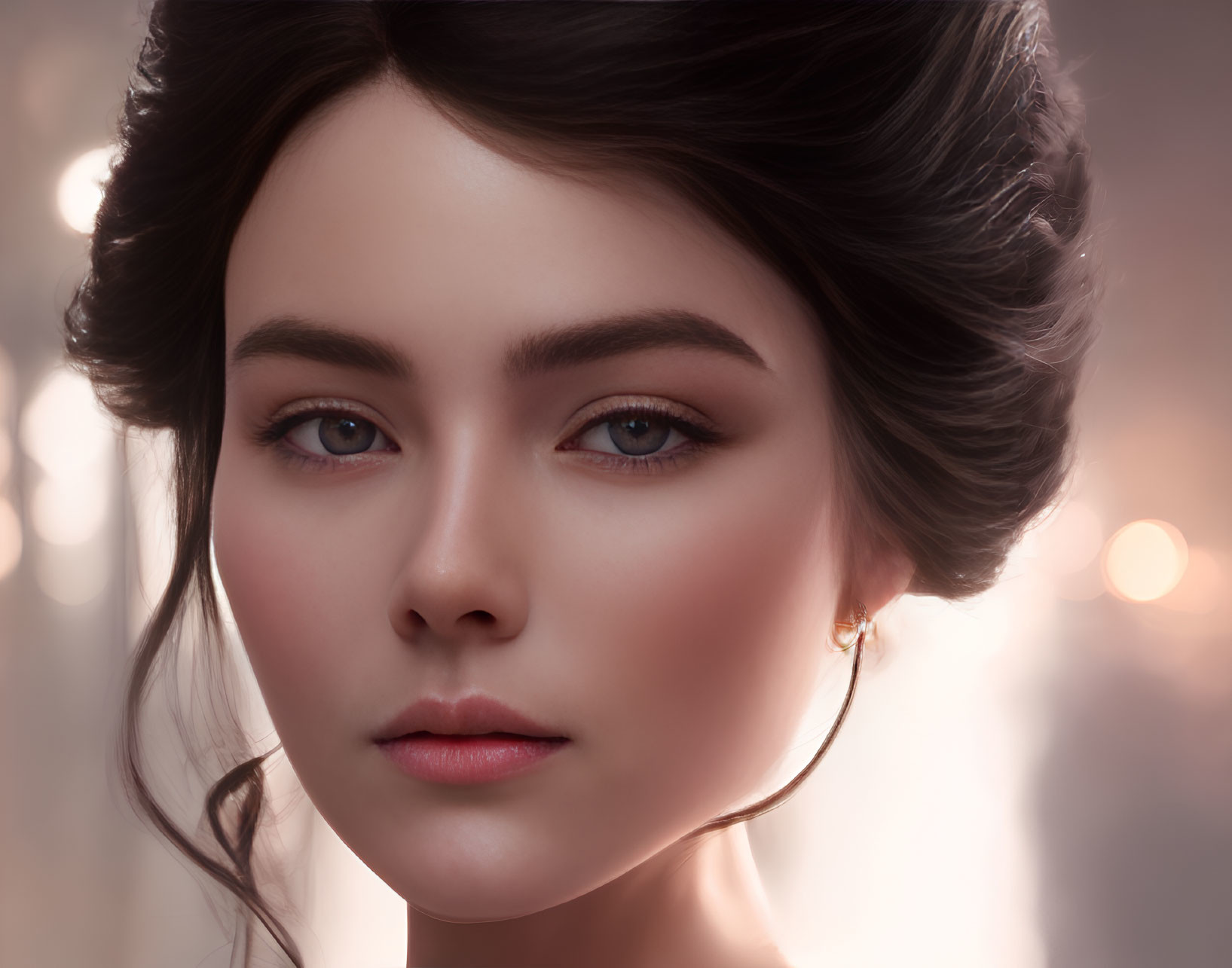 Dark-haired woman in updo with hoop earrings against soft-lit backdrop