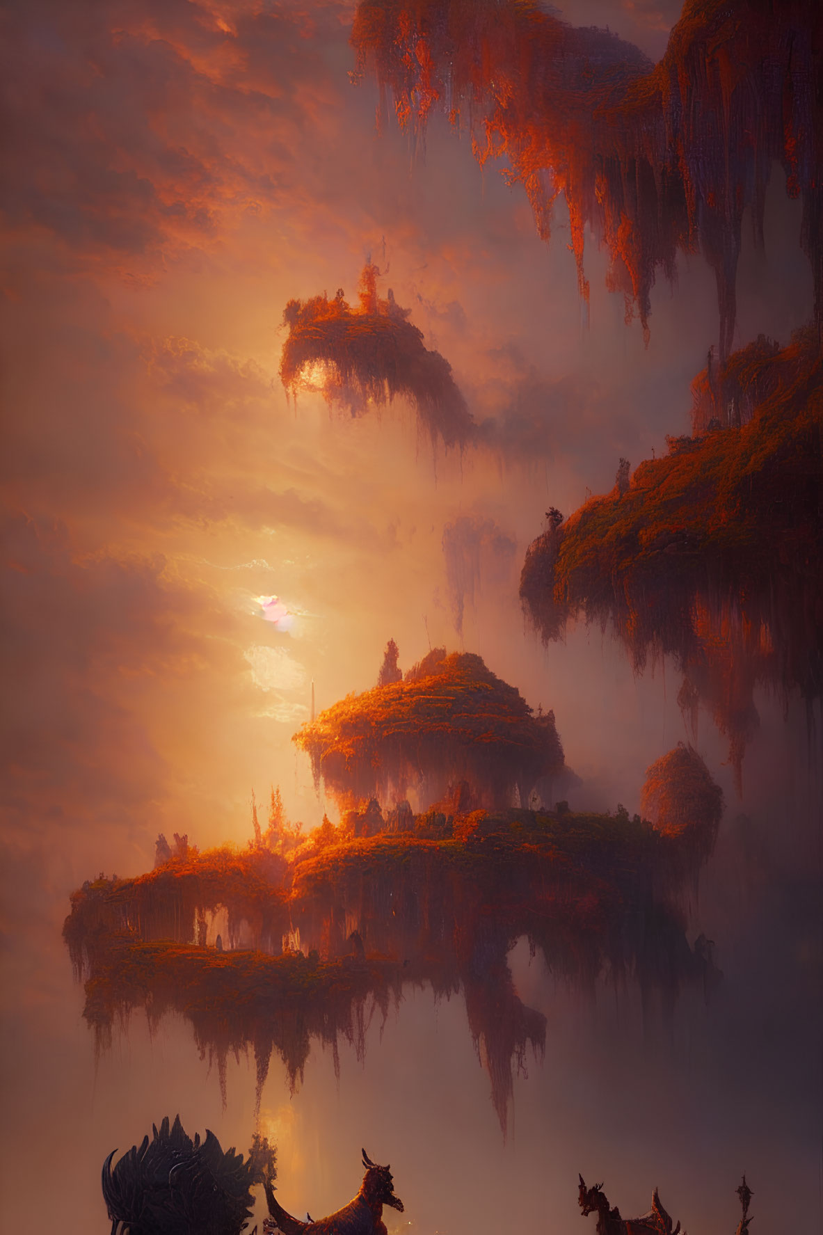 Surreal landscape with floating islands and mystical creatures at twilight