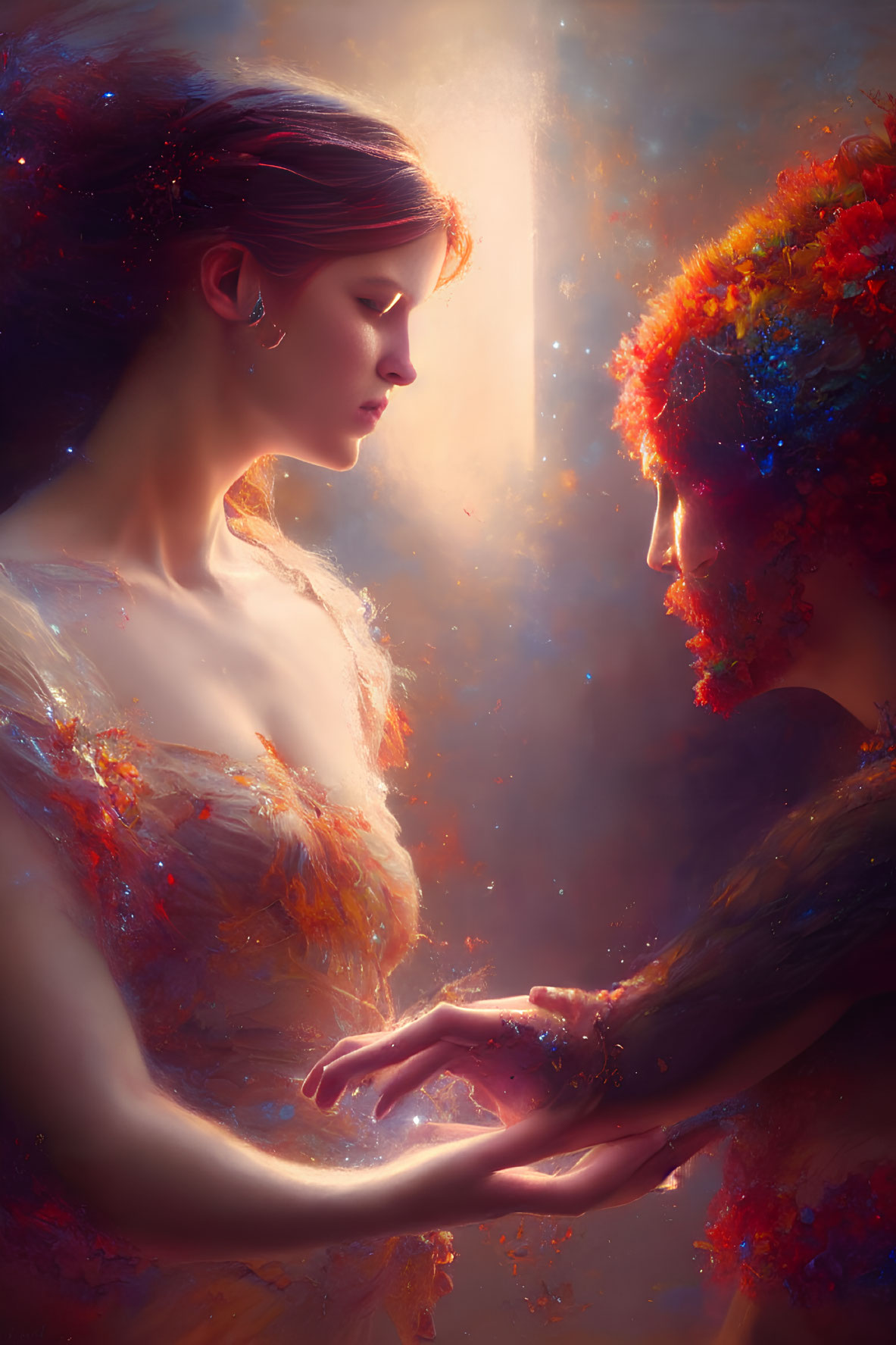 Ethereal figures with vibrant, colorful textures touching hands in warm, glowing light