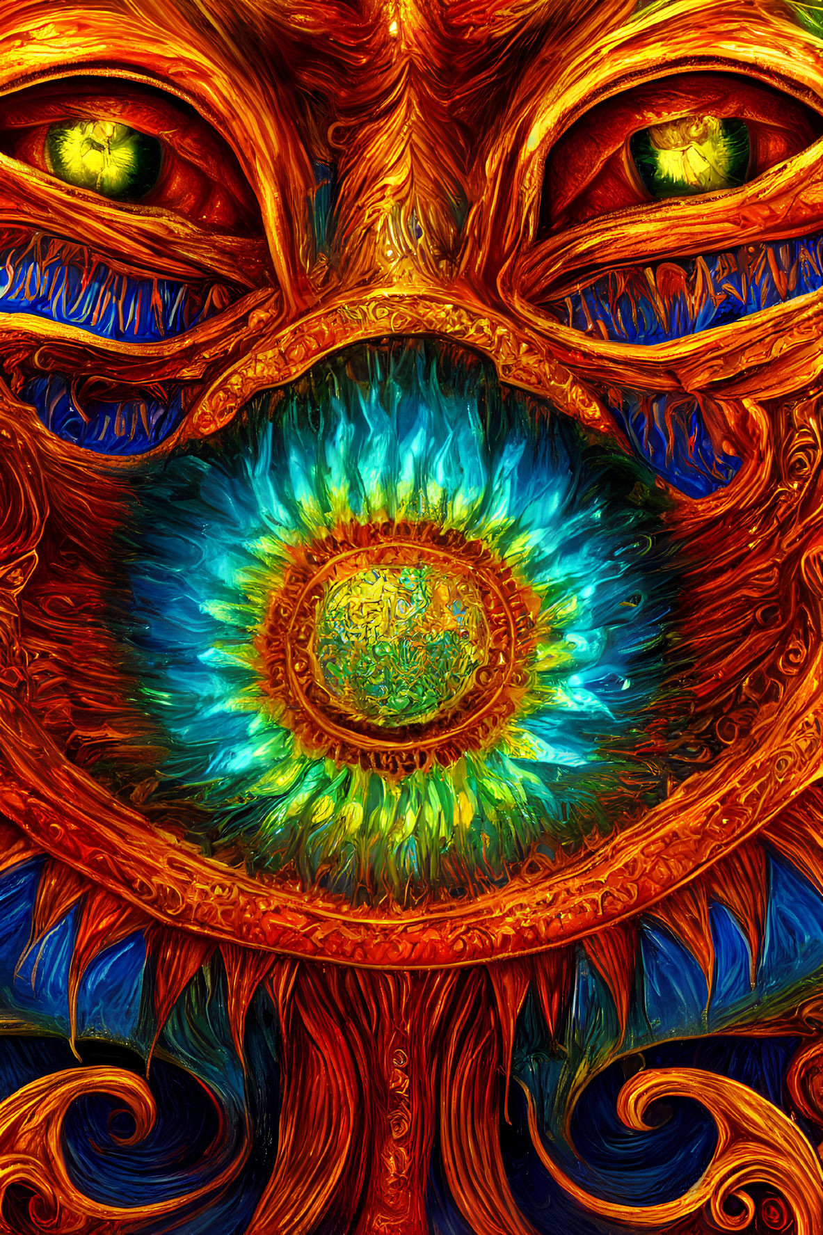 Abstract swirling patterns in fiery colors with central blue eye and two green eyes