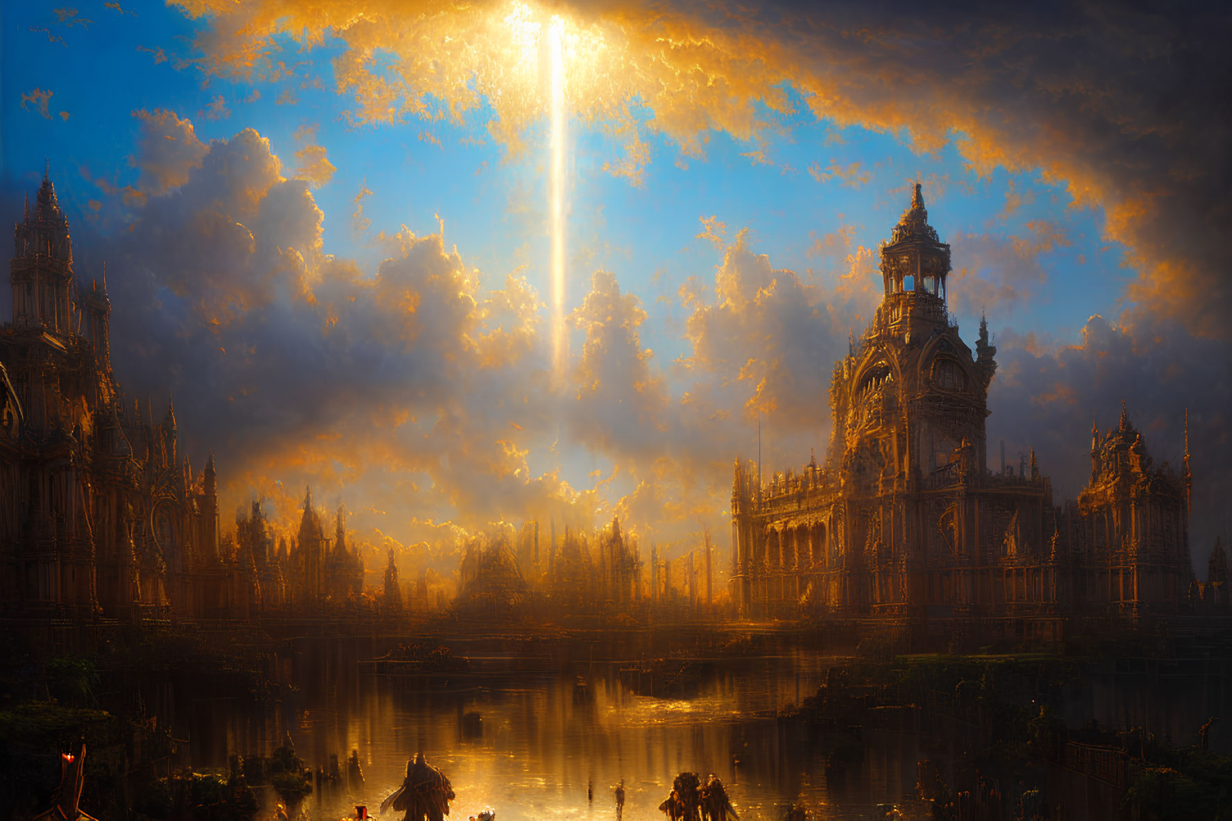 Fantasy cityscape with Gothic architecture by tranquil river