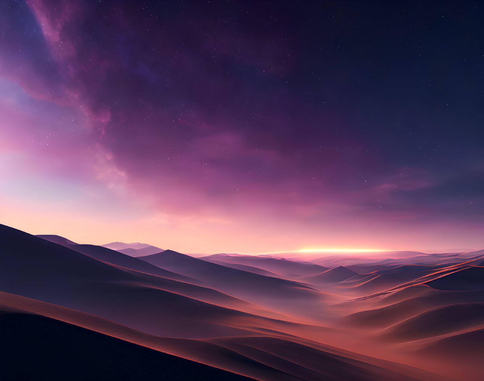 Starry night landscape with sand dunes under purple sky